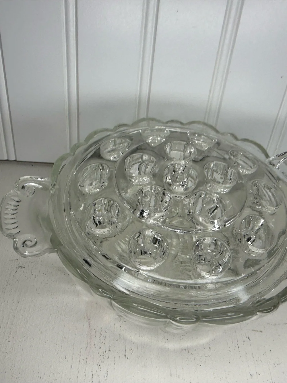 Vintage Anchor Hocking Old Cafe 16 hole clear glass Flower Frog bowl, circa 1930